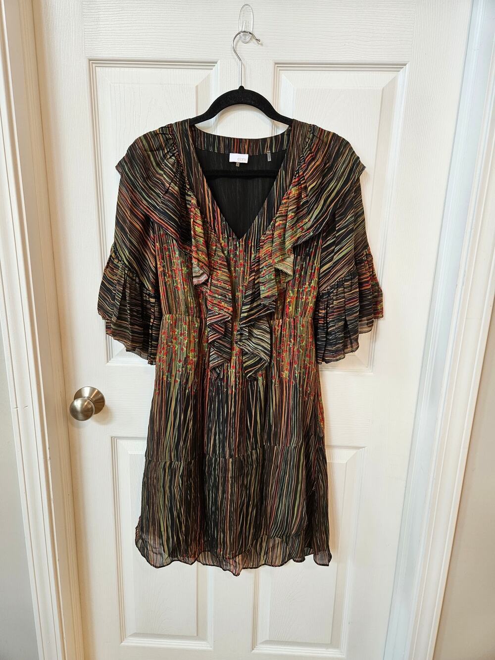 Ecru Women's Ruffle Floral Stripe Midi Dress Size S Boho V Neck Lined
